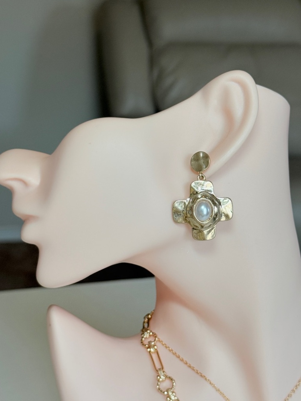Gold Cross Floral Drop Earrings with Pearl Center